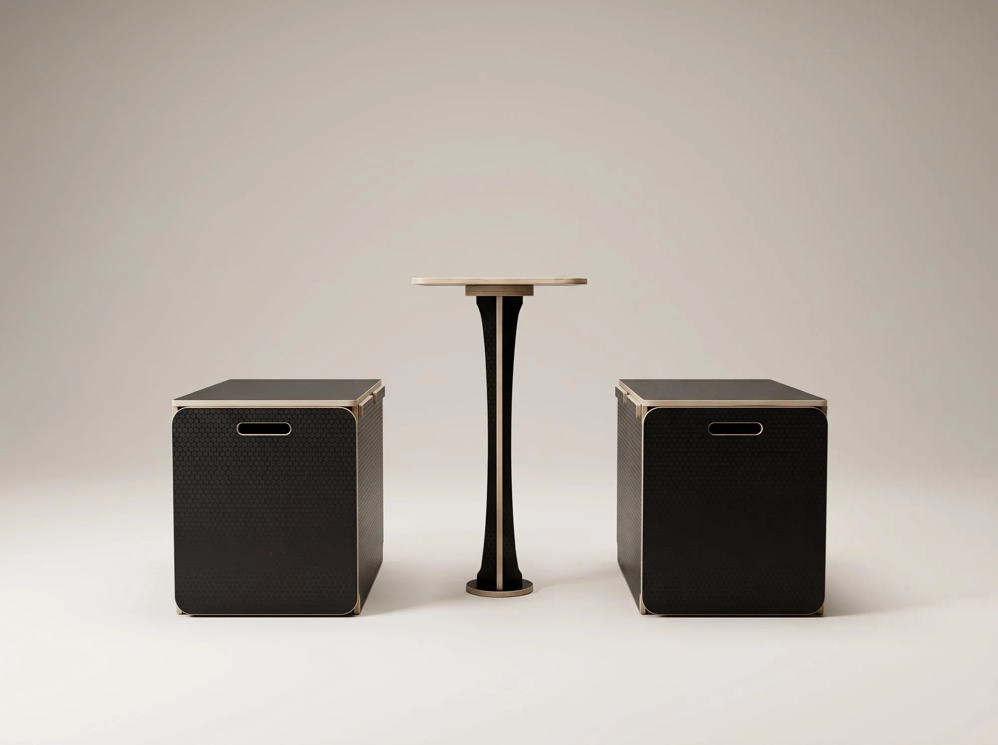 Dos cubos y la mesa, Piezas del kit desmontable. Camperización de Alhóndiga Camper